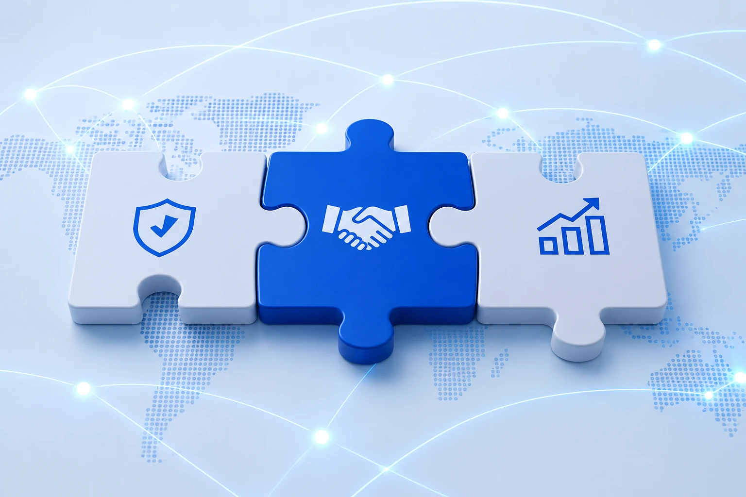 Business partnership and cybersecurity growth concept with connected puzzle pieces.