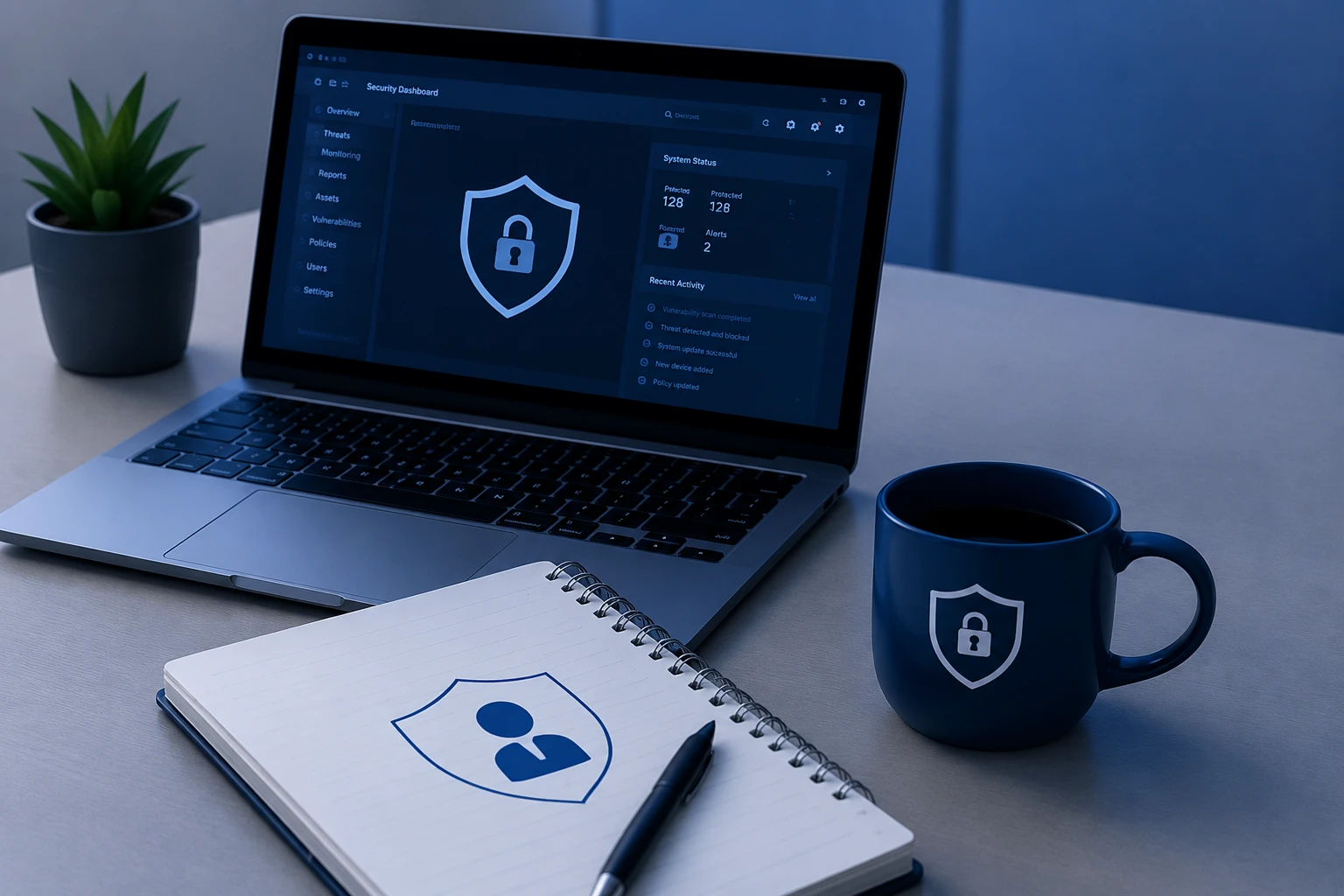 Cybersecurity dashboard on laptop with data protection and security monitoring system.