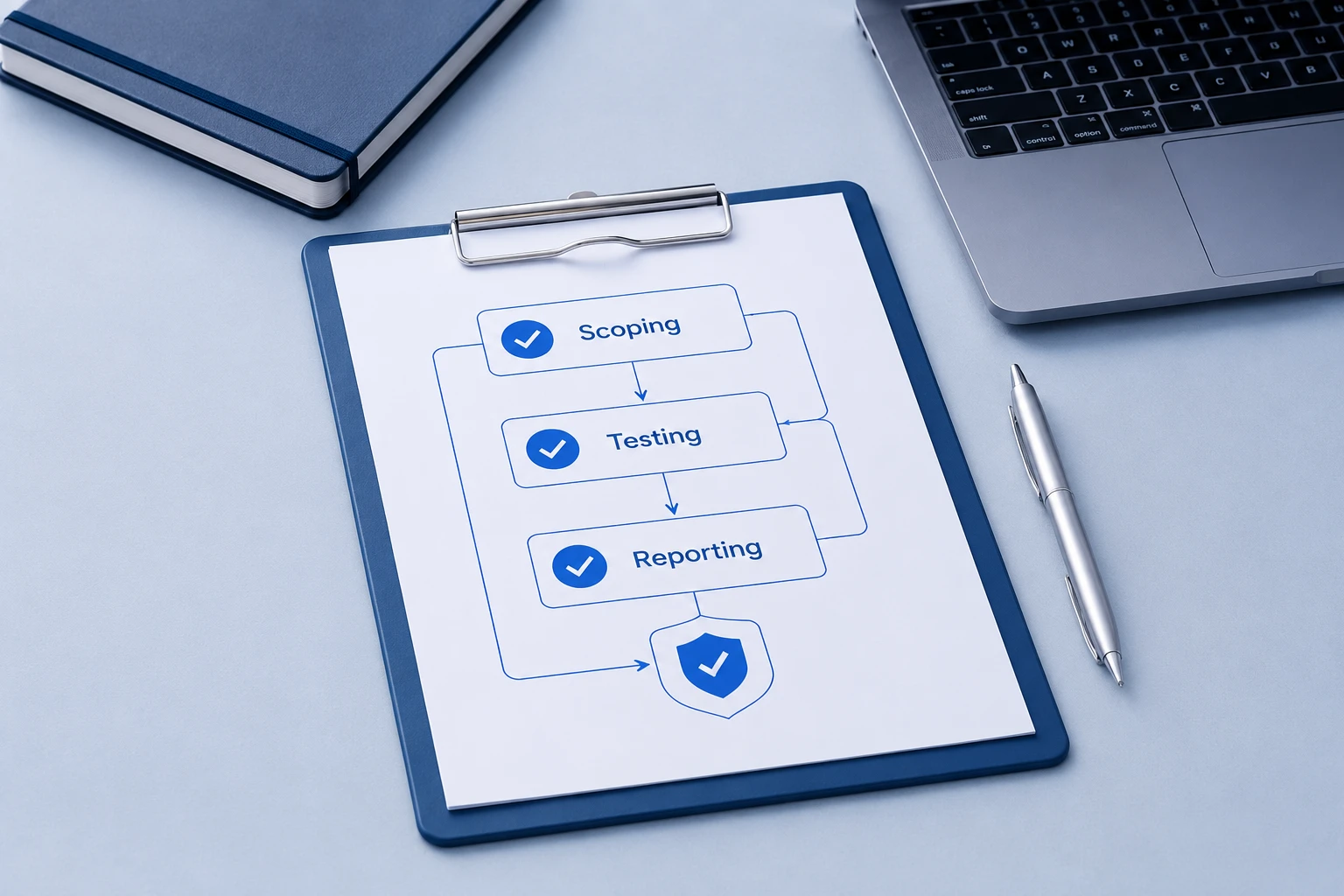 Cybersecurity testing and reporting workflow document with security process checklist.